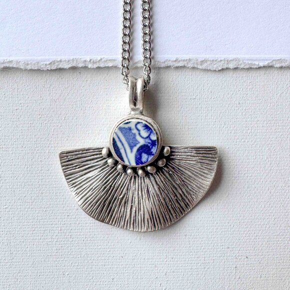 Handmade Jewelry - Blue White Ceramic Pendant Necklace Silver Fan Statement Necklace